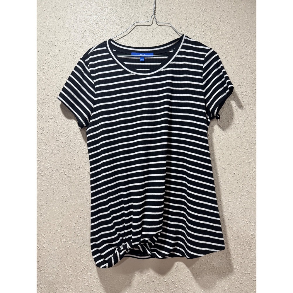 Apt 9 Womens Large Black White Striped Ribbed Front Knot Short‎ Sleeve T-Shirt